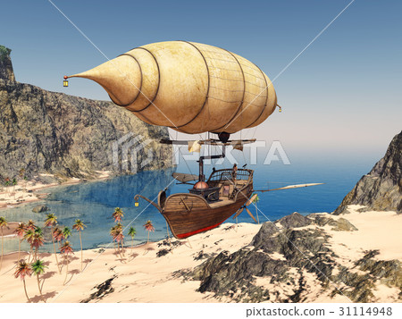Fantasy airship over a coastal landscape 31114948