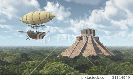 Fantasy airship and Mayan temple 31114949