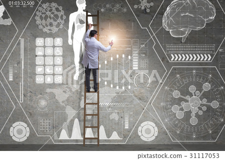 Male doctor climbing ladder in medical concept 31117053