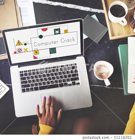 Hands working on laptop network graphic overlay 31118201