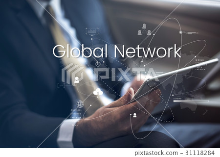 Man working on digital device network graphic Man working on digital device network graphic 31118284