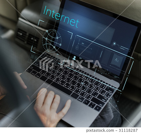 Illustration of global communications network connection on laptop Illustration of global communications network connection on laptop 31118287