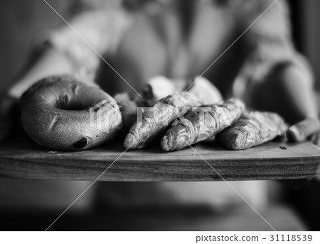People Hands Hold Wooden Tray Present Fresh Baked Bakery 31118539