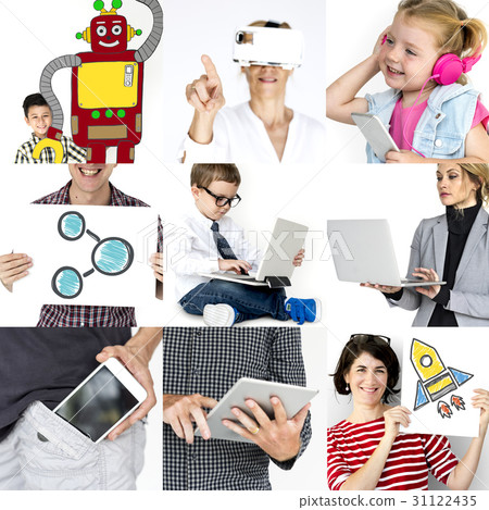 Set of Diversity People Using Digital Devices Technology Invention Studio Collage Set of Diversity People Using Digital Devices Technology Invention Studio Collage 31122435