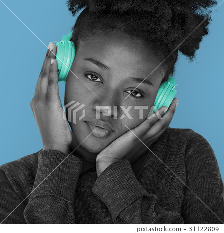 African Woman Headphones Listening Music Media Studio Portrait African Woman Headphones Listening Music Media Studio Portrait 31122809