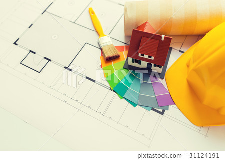 close up of house blueprint with building tools close up of house blueprint with building tools 31124191