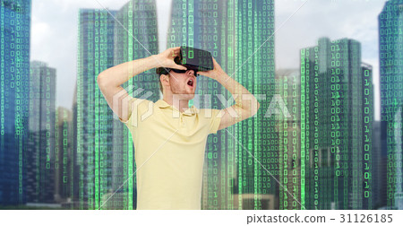 happy man in virtual reality headset or 3d glasses happy man in virtual reality headset or 3d glasses 31126185