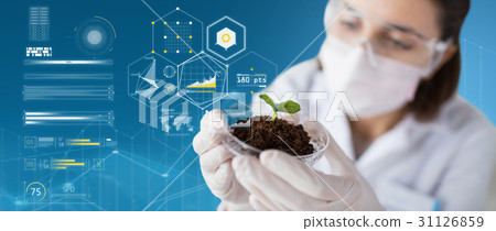 scientist with plant and soil over virtual charts scientist with plant and soil over virtual charts 31126859