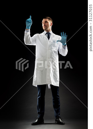 doctor or scientist in lab coat and medical gloves doctor or scientist in lab coat and medical gloves 31127035
