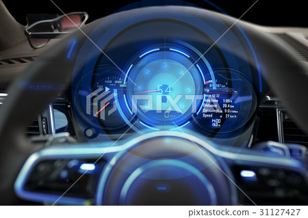 close up of car dashboard and steering wheel 31127427