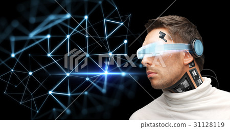 man in virtual reality glasses and microchip 31128119