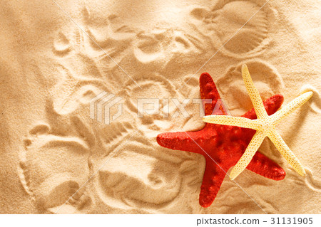 Two sea stars and prints in sand Two sea stars and prints in sand 31131905