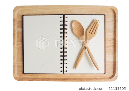 wooden plate and open notebook with spoon fork wooden plate and open notebook with spoon fork 31135505