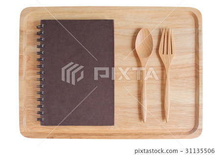wooden plate and empty notebook with spoon fork wooden plate and empty notebook with spoon fork 31135506