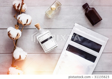 Coconut oil, woman body coffee scrub on gray 31135623