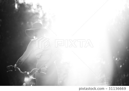 Silhouette of girl driving bicycle outdoor. Sunny Silhouette of girl driving bicycle outdoor. Sunny 31136669
