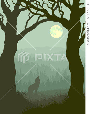 Square illustration of wolf howling at moon. 31144084