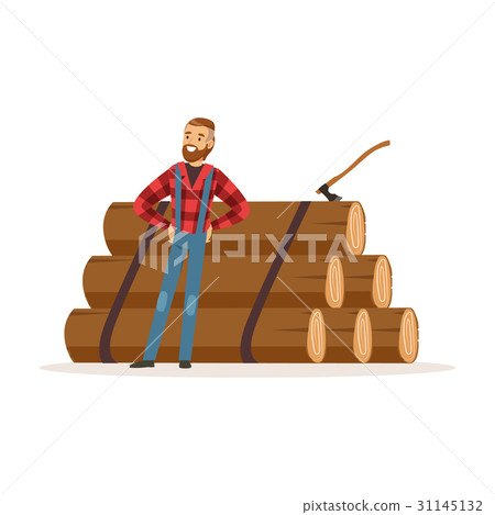 Smiling lumberjack man standing against pile of 31145132