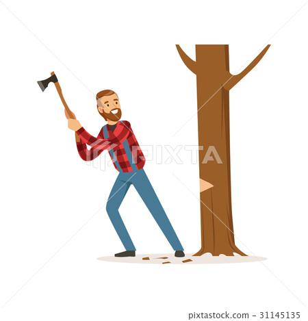 Lumberjack man in a red checkered shirt cutting 31145135