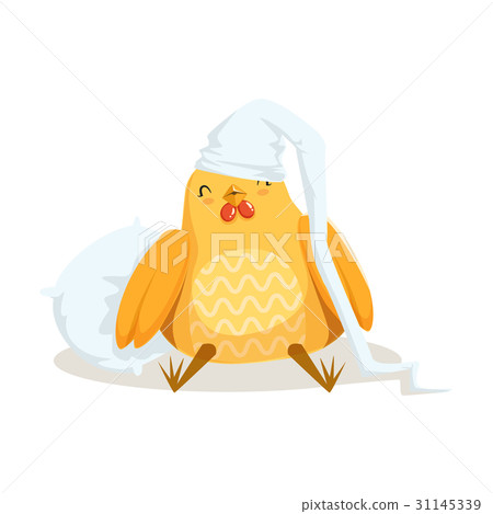 Funny cartoon chick bird sleeping in his bed Funny cartoon chick bird sleeping in his bed 31145339