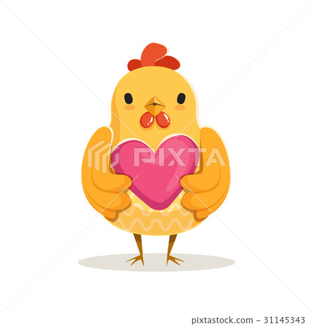 Cute cartoon chicken standing and holding pink Cute cartoon chicken standing and holding pink 31145343