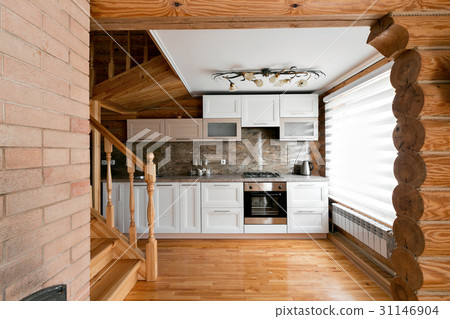 The kitchen room in a rustic log cabin, in the 31146904