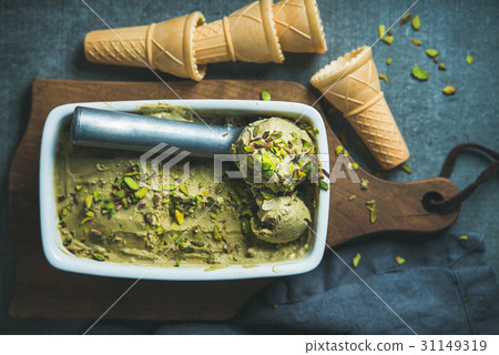 Homemade pistachio ice cream in ceramic mold, top 31149319