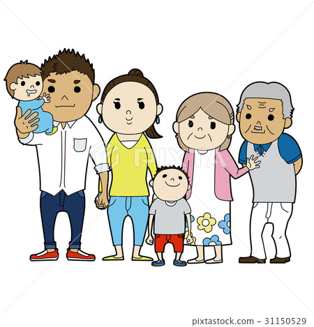 Illustration of a large family. A young couple with two children, a grandpa and a grandma. 31150529