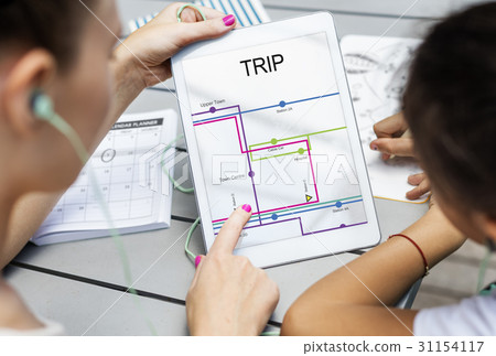 Hands Hold Tablet Map Route Graphic Hands Hold Tablet Map Route Graphic 31154117