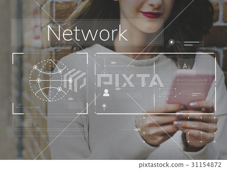 Woman connected with global communications network by mobile phone Woman connected with global communications network by mobile phone 31154872