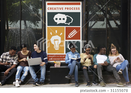 Diverse students sitting with creative icons banner Diverse students sitting with creative icons banner 31155078