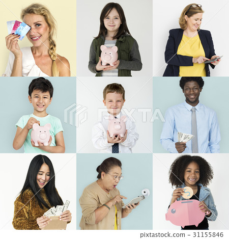 Diverse people saving piggybank collection set 31155846