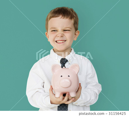 Kid Studio Shoot Gesture Piggybank Holding Kid Studio Shoot Gesture Piggybank Holding 31156425