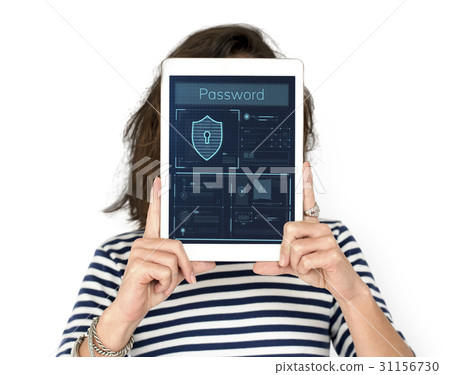 Woman holding network graphic overlay digital device Woman holding network graphic overlay digital device 31156730