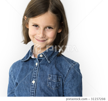 Short haired brunette young girl smiling studio portrait Short haired brunette young girl smiling studio portrait 31157208