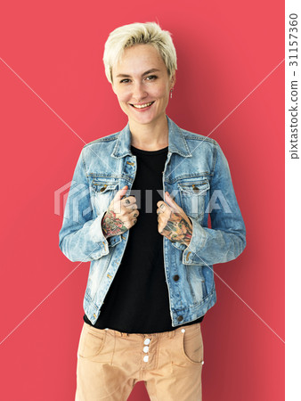 Cuacasian Blonde Woman with Jeans Jacket 31157360