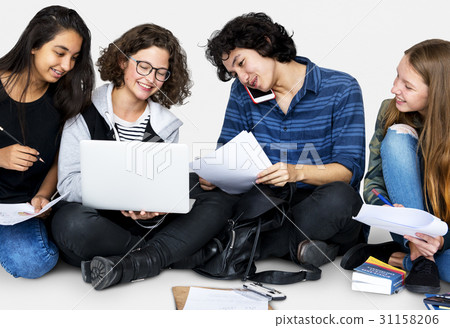 Group of Diverse Students Using Laptop Studio Portrait 31158206