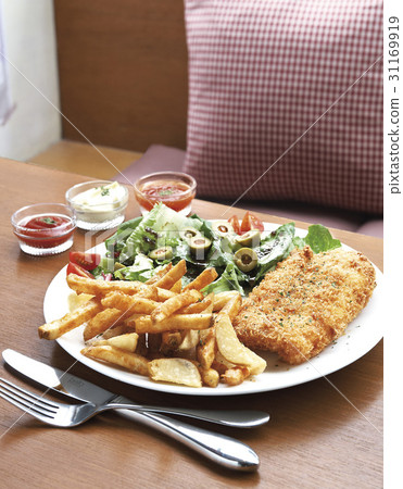 Bass steak, French fries 31169919