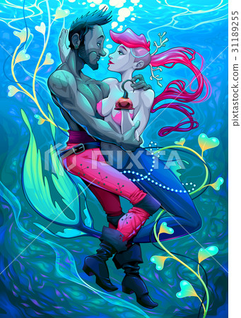 mermaid with pirate under the water.