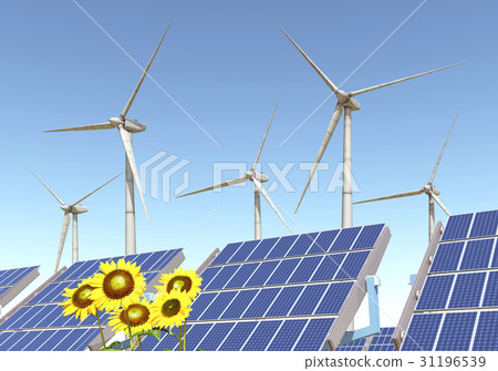 Wind turbines, solar panels and sunflowers - Stock Illustration ...