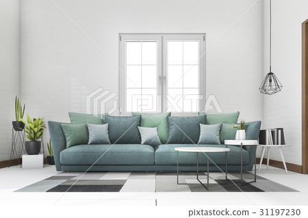 Blue And Green Sofa With Plant In Brick Living ภาพประกอบส