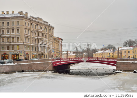 Ducks swim in ice-hole under the Red bridge Ducks swim in ice-hole under the Red bridge 31199582