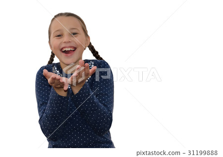 Girl holds out his hands and laughs heartily. Girl holds out his hands and laughs heartily. 31199888