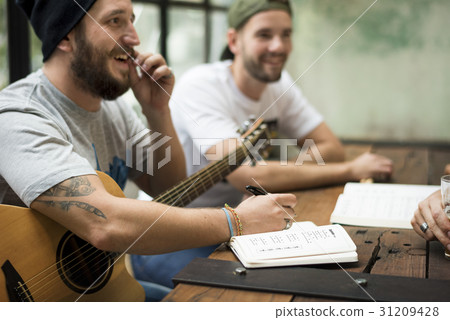 Men Play Guitar Write Song Music Reheaesal Men Play Guitar Write Song Music Reheaesal 31209428