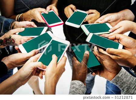 Hands Hold Blank Mobile Phone Together Copy Space 31212871