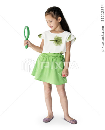 A girl is holding green magnifier A girl is holding green magnifier 31212874