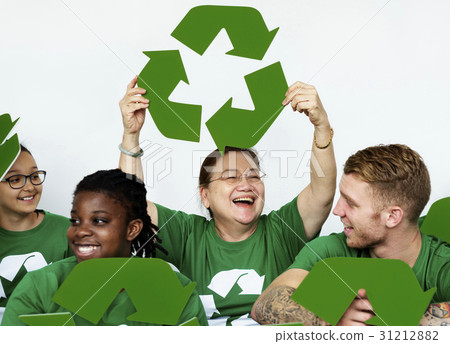 Ecology group of people smiling and holding recycle symbol Ecology group of people smiling and holding recycle symbol 31212882