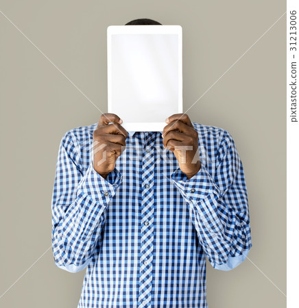 Man with Hands Hold Digital Tablet Copy Space Man with Hands Hold Digital Tablet Copy Space 31213006