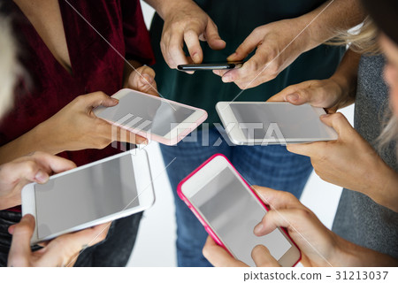 Hands Hold Blank Mobile Phone Together Copy Space 31213037