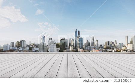 Panoramic city view with white wooden floor 31215065